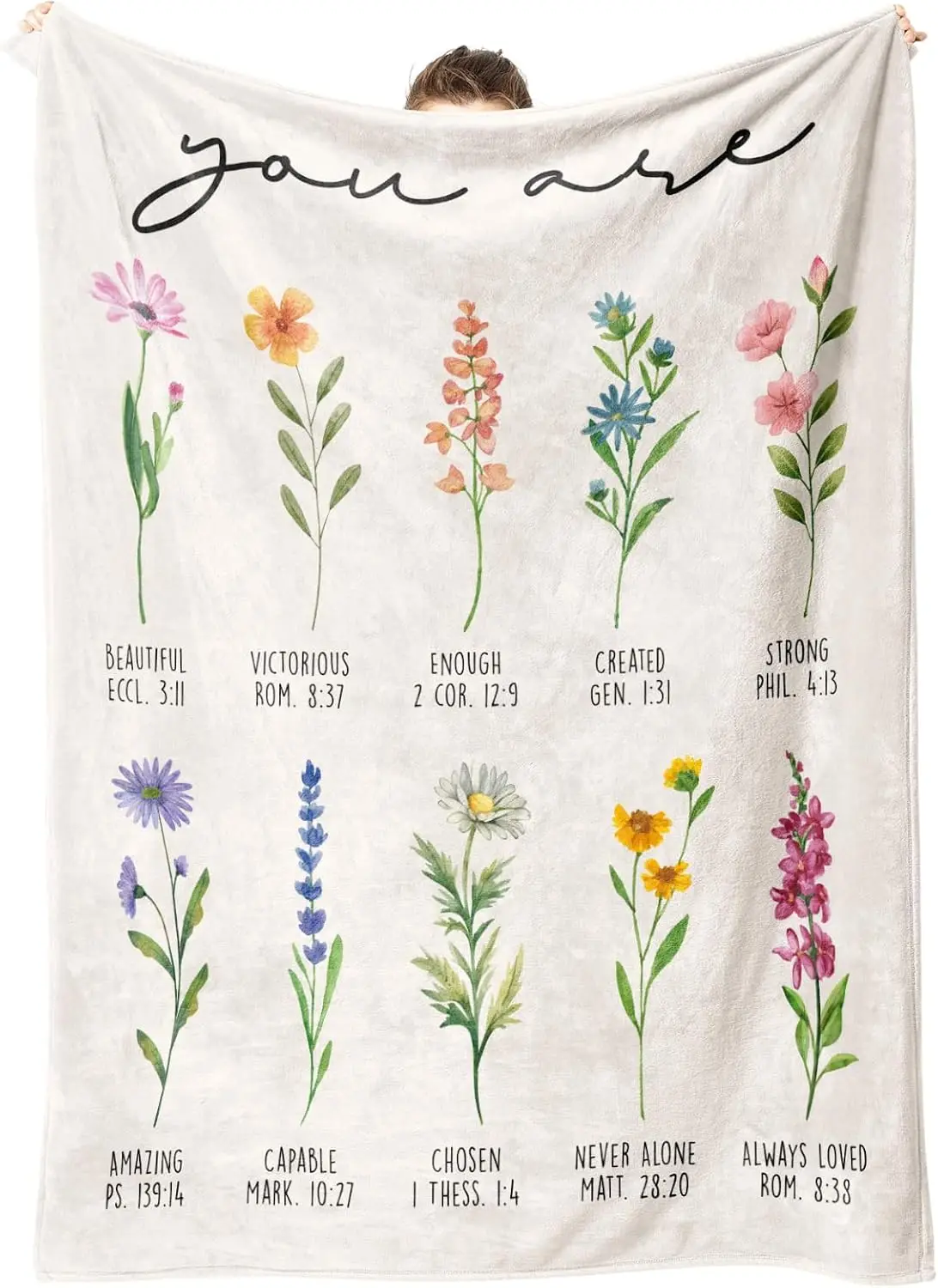 Inspirational Bible Verse Floral Flannel Throw Blanket Watercolor Wildflower Print Soft Warm Blanket for Sofa Bedroom Faith Gift