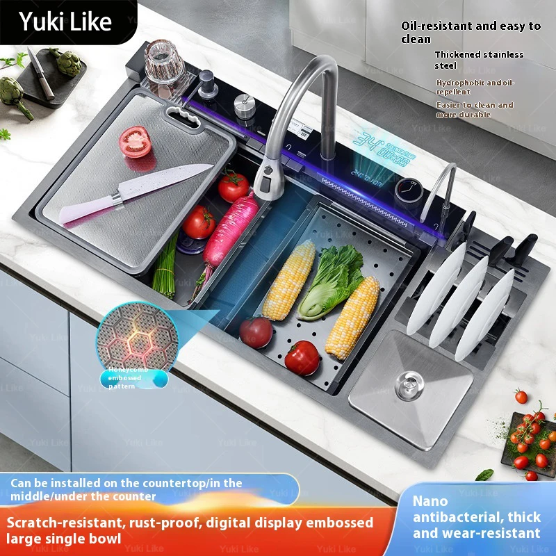 

100 CM Large Size Single Slot Stainless Steel Kitchen Sink Multifunctional With Trash Can and Draining Rack Wash Vegetable Basin