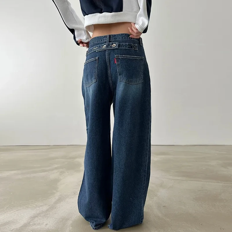 

Chic Autumnal Vintage Wide Leg Jeans Women's Loose Fit High Waist Long Pants Ba Decorative Belt Button Versatile Denim Trou...