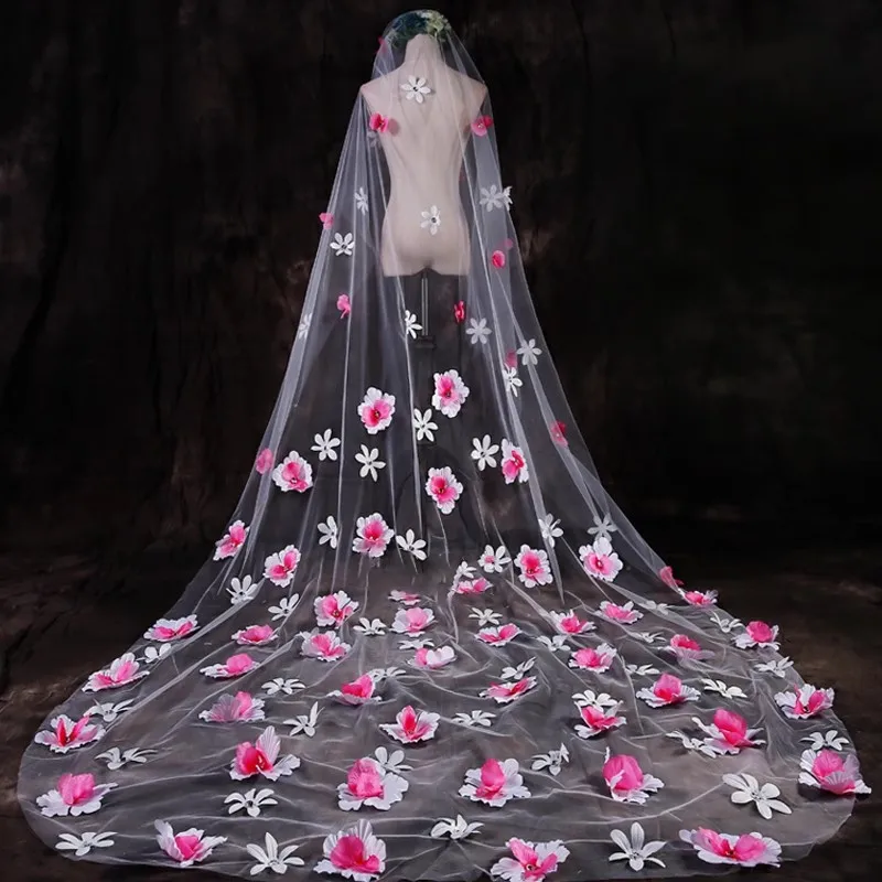 

Mingli Tengda One Layer 3M Long Veil Super Fairy Pink Petal Flower Tulle Voile Mariage Cathedral Wedding Accessories Bride Velo