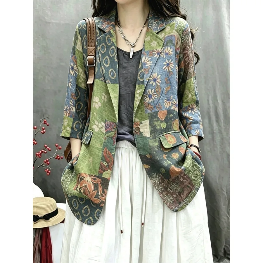 Loose Cotton Linen Women's Shirt Jacket plus Size Spring Summer New Style Printed Retro Suit Top Buttoned Long Sleeve Commute...