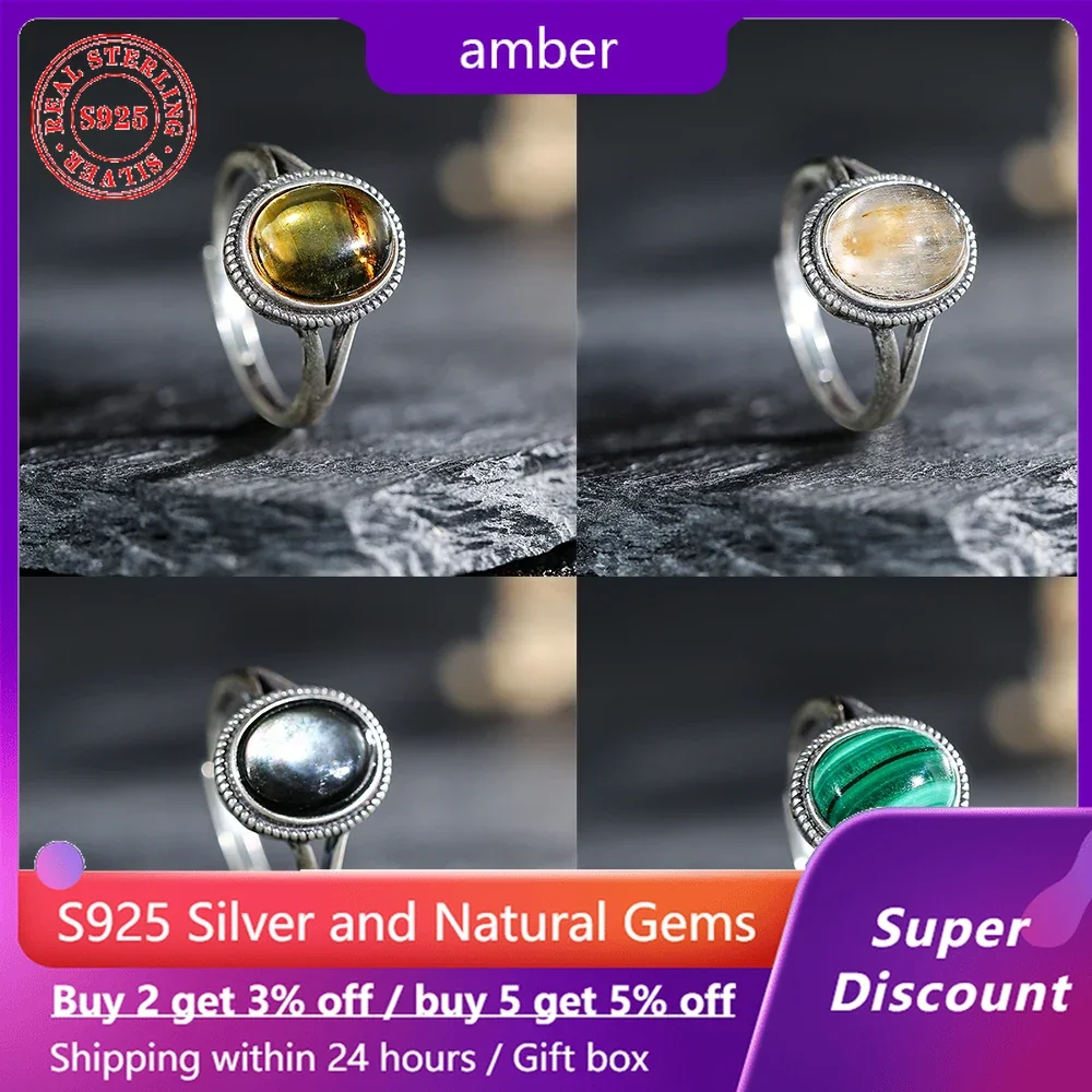 

Fashion S925 Silver Ring Natural Mineral Crystal Amber Jade Women's Style Ring Exquisite Jewelry Peacock Stone Ring Party Gift