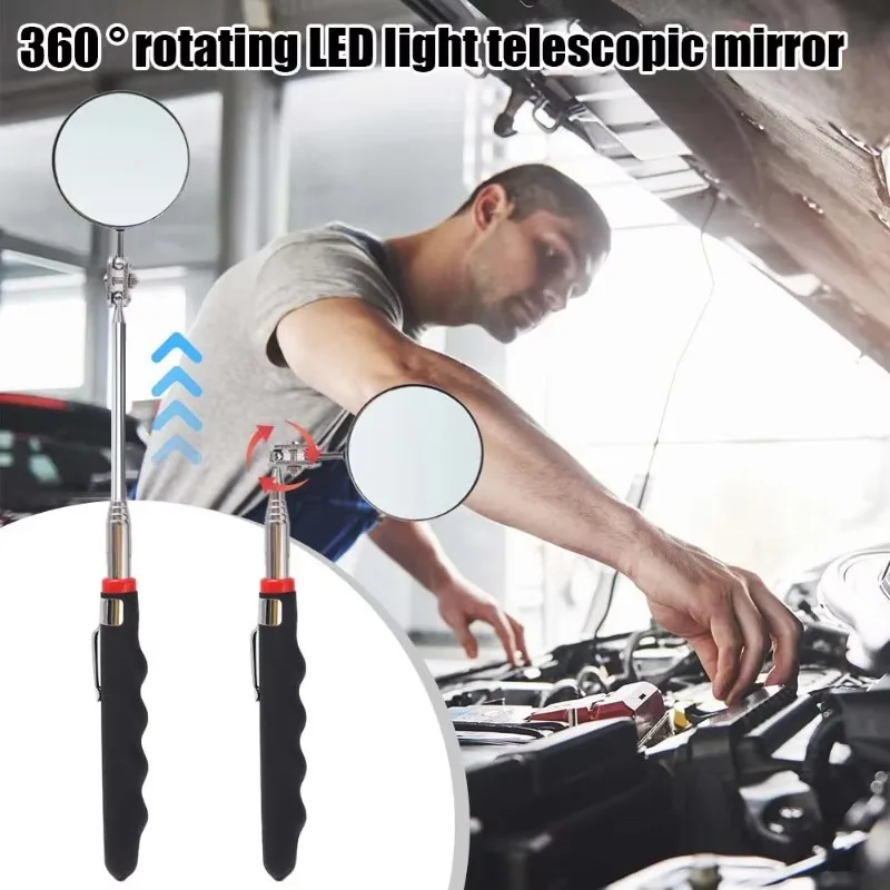 360° Car Inspection Mirror Telescoping Mirrors Extend Mechanic Tool LED Light Inspection Mirror Telescopic Handle Repairing Tool