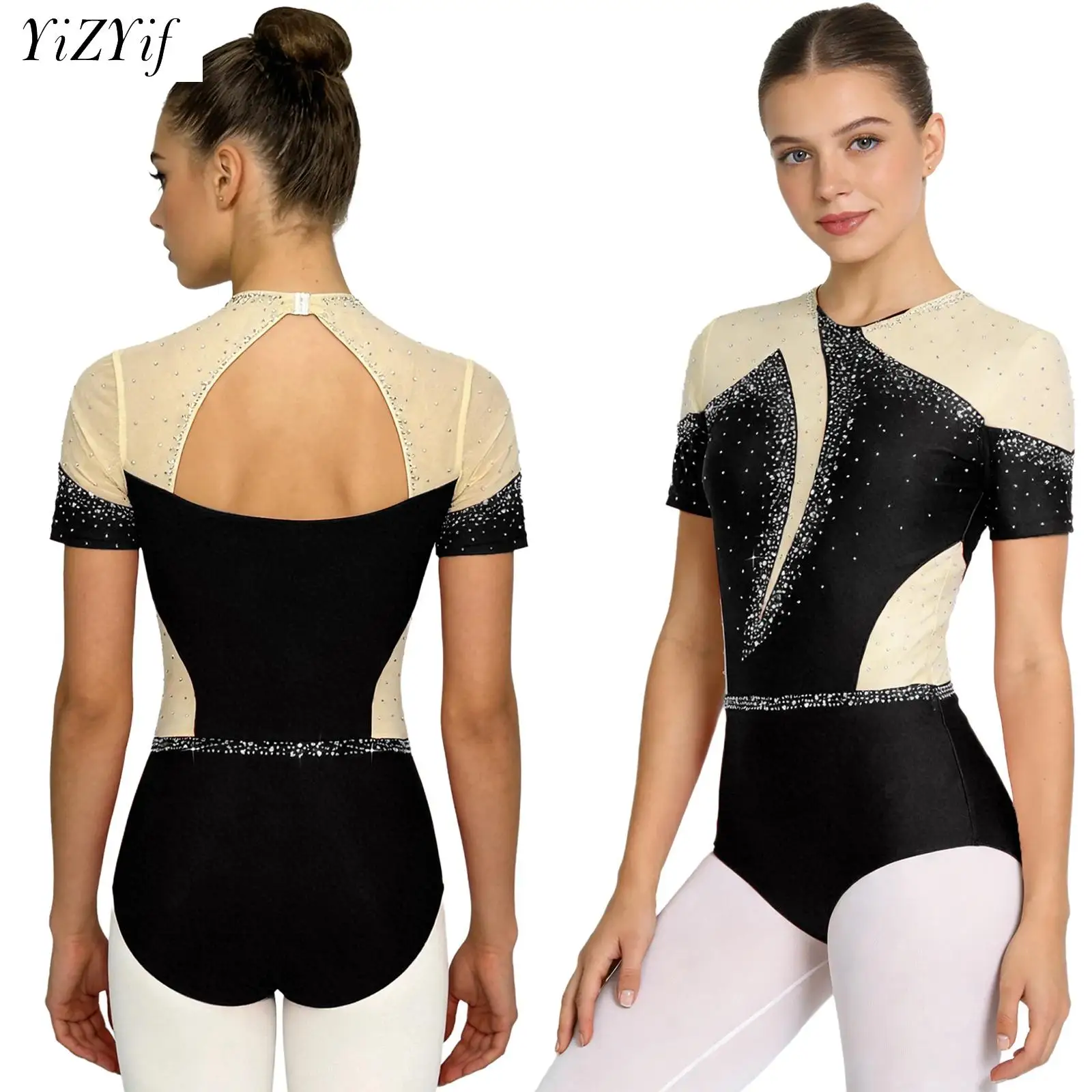 

Женский купальник для балета и танцев, гимнастики, блестящие стразы, прозрачная сетка с коротким рукавом, художественное боди для фигурного катания, сценическая танцевальная одежда