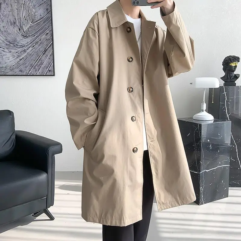 

Oversized Khaki Cityboy Style Men's Mid Length Coat Japanese Fashion Warm Balmacaan Inspired Trench for Big Tall Men