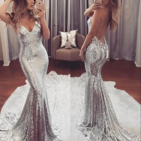 

ANGELSBRIDEP V-Neck Mermaid Prom Dresses Vestidos de festa Sexy Criss-Cross Back Design Sparkly Sequined Evening Party Gowns