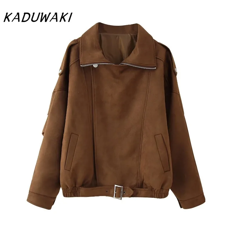 

KADUWAKI Vintage Lantern Sleeve Brown Coat Lady Autumn Streetwear Suede Jacket Women Belt Loose Lapel Zippers Pockets Outerwears