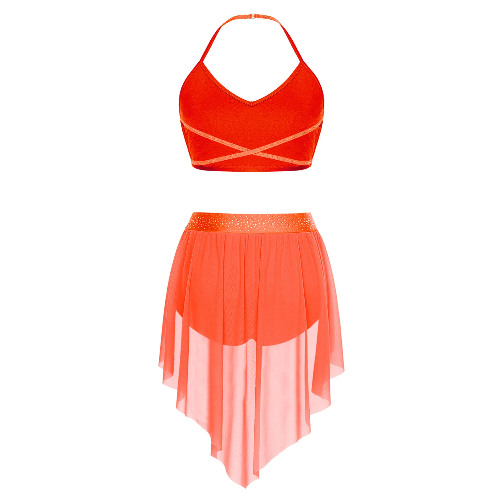 زي رقص غنائي مثير، بلوزة من حجر الراين اللامع وسروال عالي الخصر، ملابس رقص بحاشية شبكية قابلة للتنفس لممارسة العروض #4