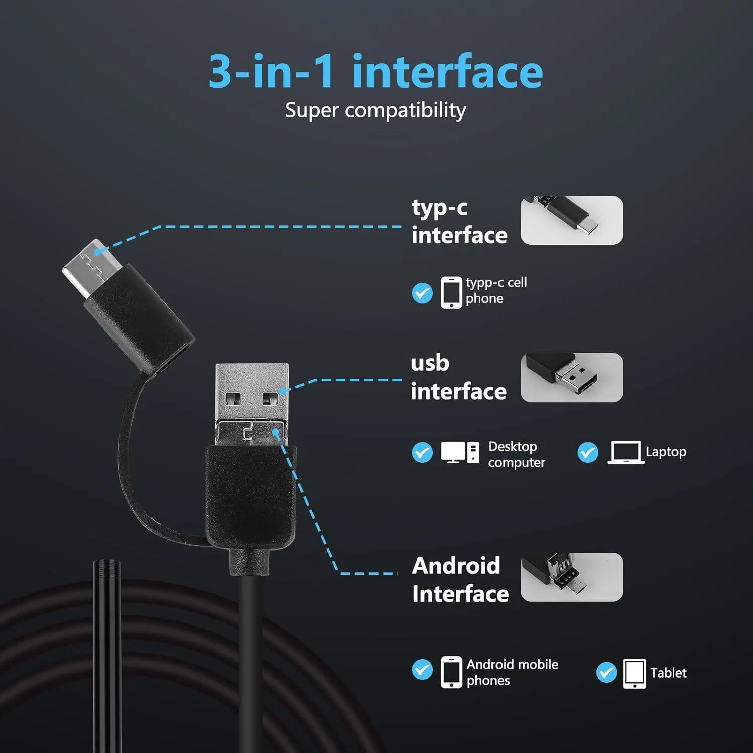 Cámara endoscópica Android 3 en 1, boroscopio Micro USB tipo C, minicámara impermeable, LED, inspección de automóviles, Industrial, 1080P