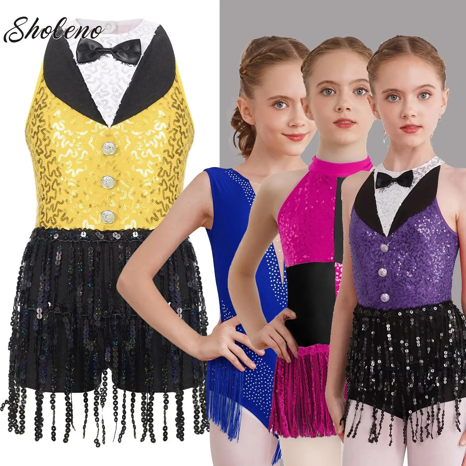 

Kids Girls Rhythmic Gymnastics Bodysuit Sequin Tassel Dance Dress Sleeveless Boyshorts Sequin One-Piece Dancewear for Latin Jazz