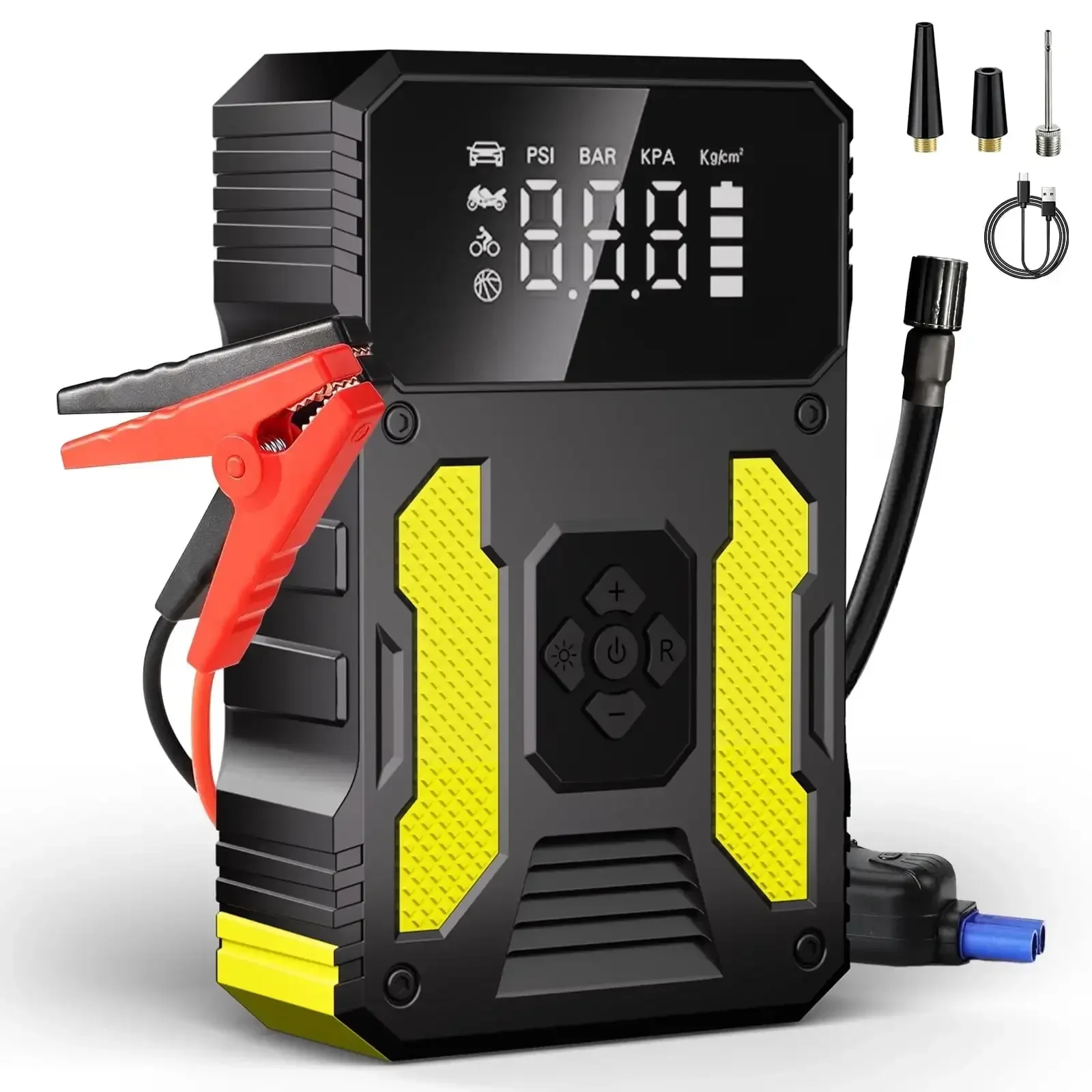 

SZRSTH Car Battery Jump Starter, 4000A Peak 30000mAh 12V Auto Jump Box LED Light 150PSI Tire Inflator