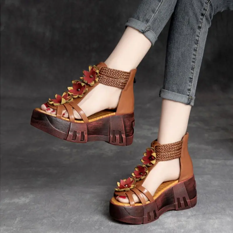 2024 Summer Sandals High Quality Women's Leather Retro Thick Sole National Fashion Outdoor Comfortable Casual Sandals