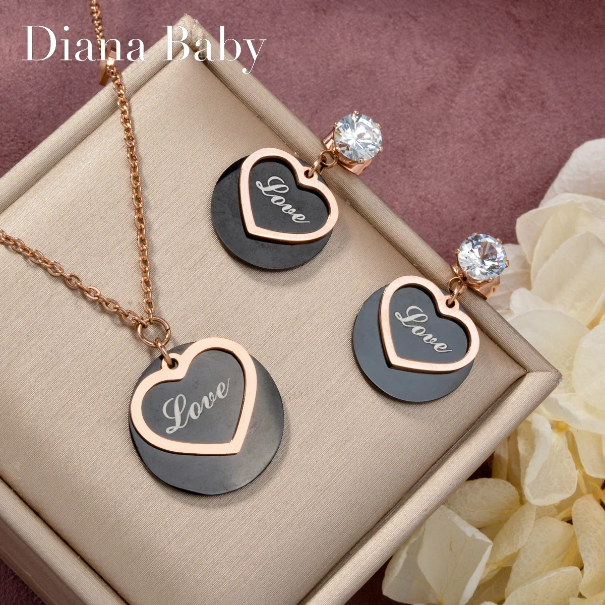 

Diana Baby Sets Jewelry 2PCS Female Heart Necklace Zircon Pendant Turkey Gold Plated Earring for Women Stainless Steel Charms