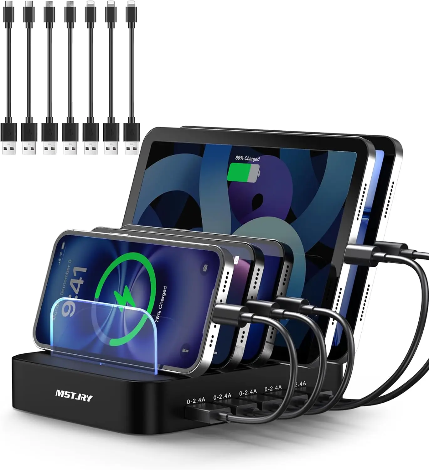 

5-Port USB Charger Station with 7 Cables - Multi-Device Charging Dock for iPhone, iPad, Tablets & Phones, Black