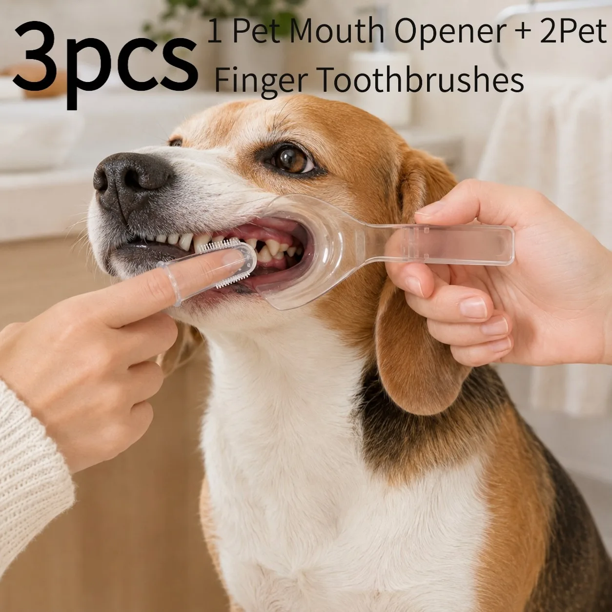 3-piece pet oral cleaning supplies, pet hand mouthopener and finger toothbrush, cat and dog oral care