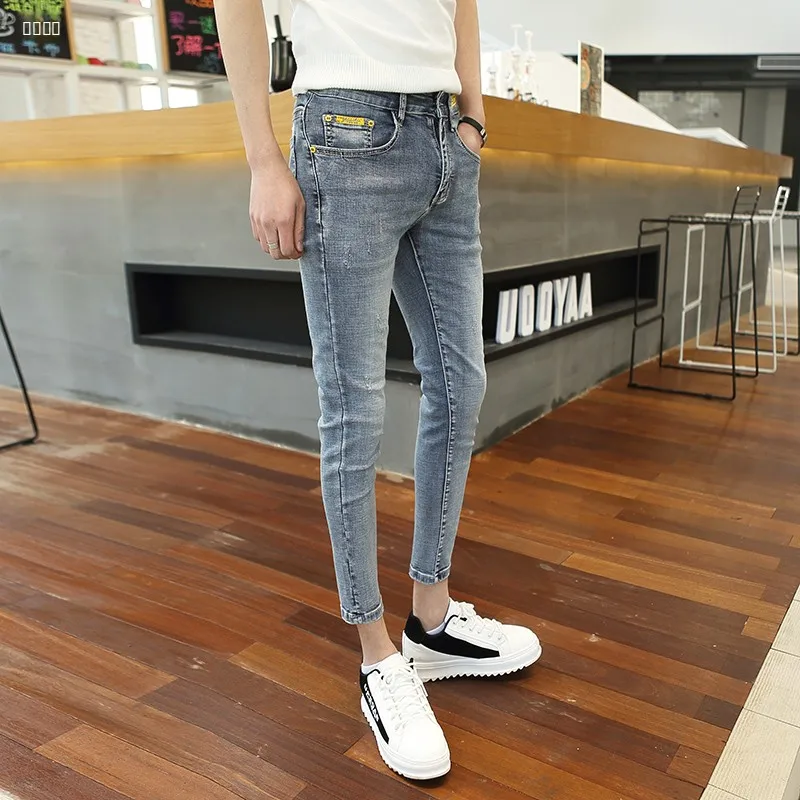 

Мужские джинсы Slim Fit малого размера (26-27 дюймов), осенние модные брюки-карандаш длиной 7/8, с низкой посадкой, из хлопка, полиэстера и эластана