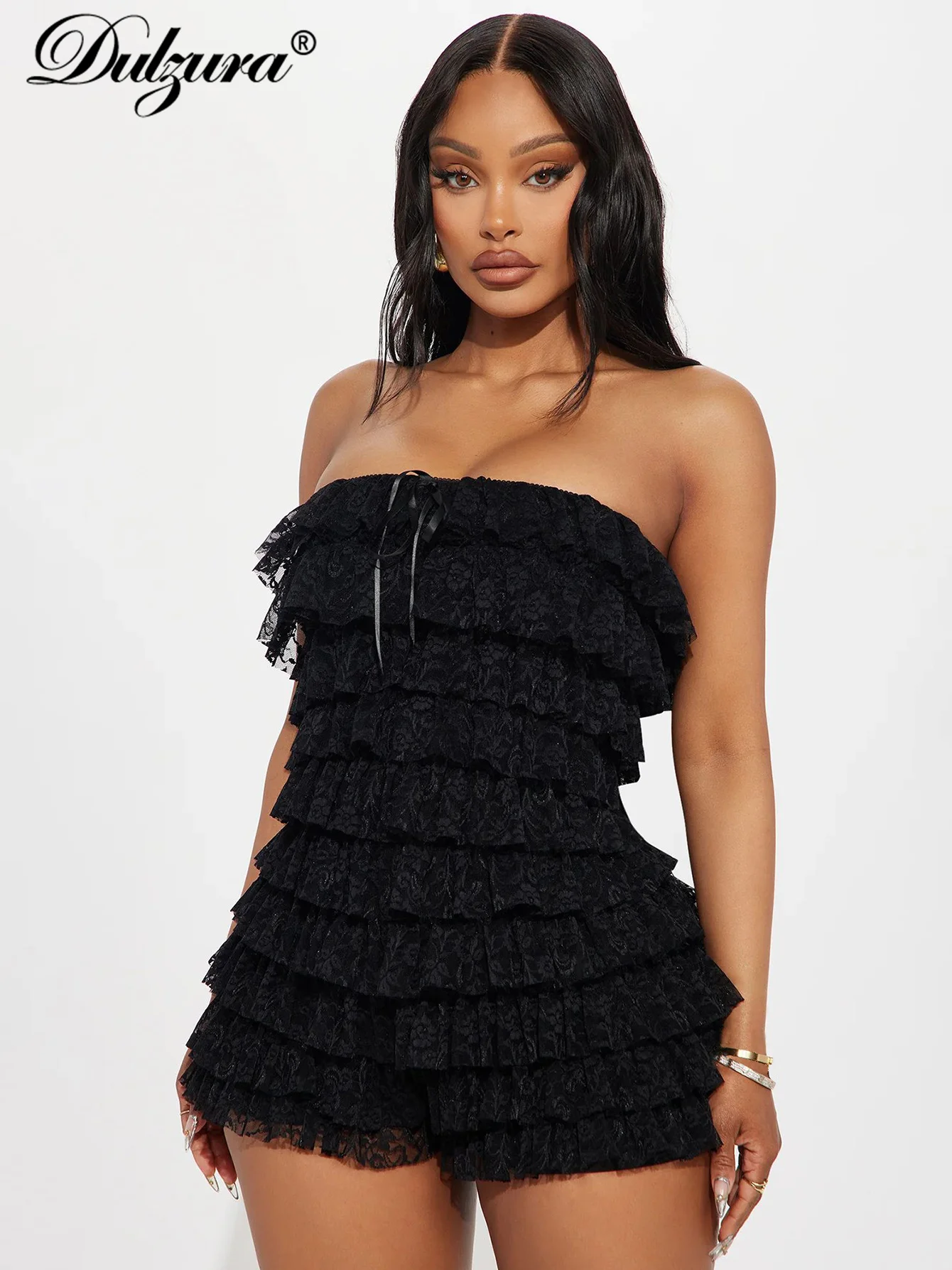 Dulzura Sexy Playsuit Ruffles Lace Strapless Sleeveless Short Pants Women Rompers Playsuits Party Club Y2K Clothes Drop Shipping