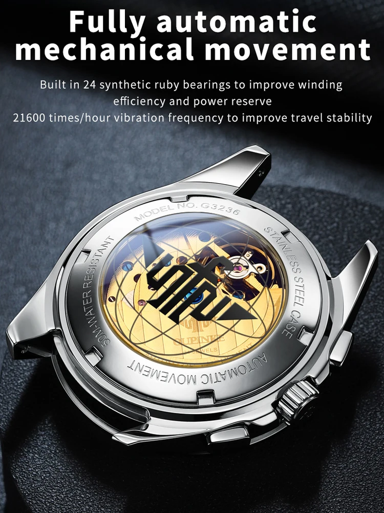 OUPINKE Flywheel Tourbillon Watch for Men Automatic Wristwatch Fashion Multifunction Mechanical Luxury Clock Relogio Masculino