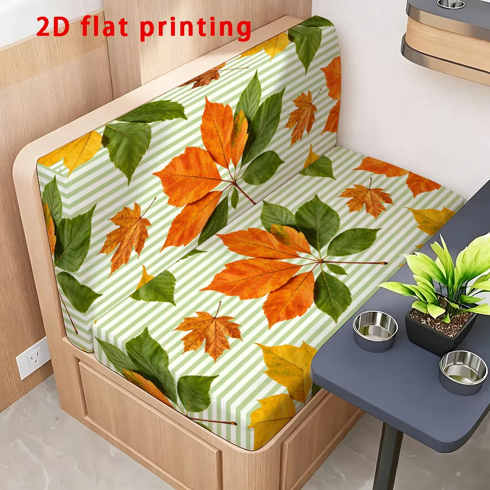2pcs Autumn Maple Leaf Striped RV Dinette Booth Seat Cover Stretch Elastic Camper Bench Cushion Slipcover Farmhouse Fall Decor
