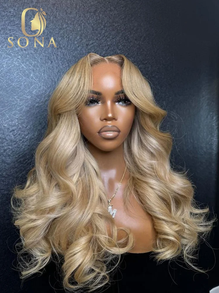 

13x4 HD Transparent Honey Blonde Body Wave Lace Front Wigs Ombre Blonde With Dark Roots 613 13x6 Lace Frontal Wig For Women 27#