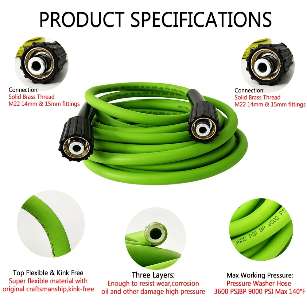 3600 PSI Kink Resistant High Pressure Hose M22 -14&15 Adapter Extension Hose Super Flexible Pressure Washer Hose  Coupler Kit