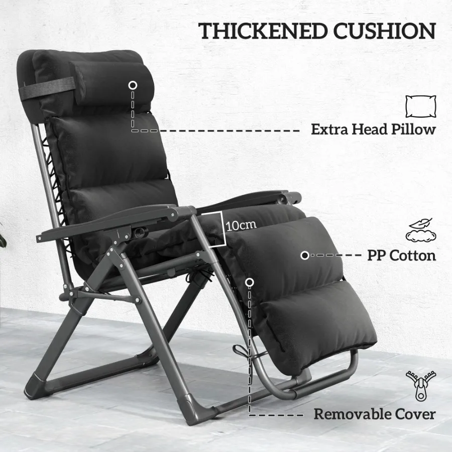 Zero Gravity Lounge-Stuhl-Set, 2-teilig, verstellbare, klappbare Outdoor-Lounge-Stühle mit Kissenauflage, Seitentablett, Schwarz