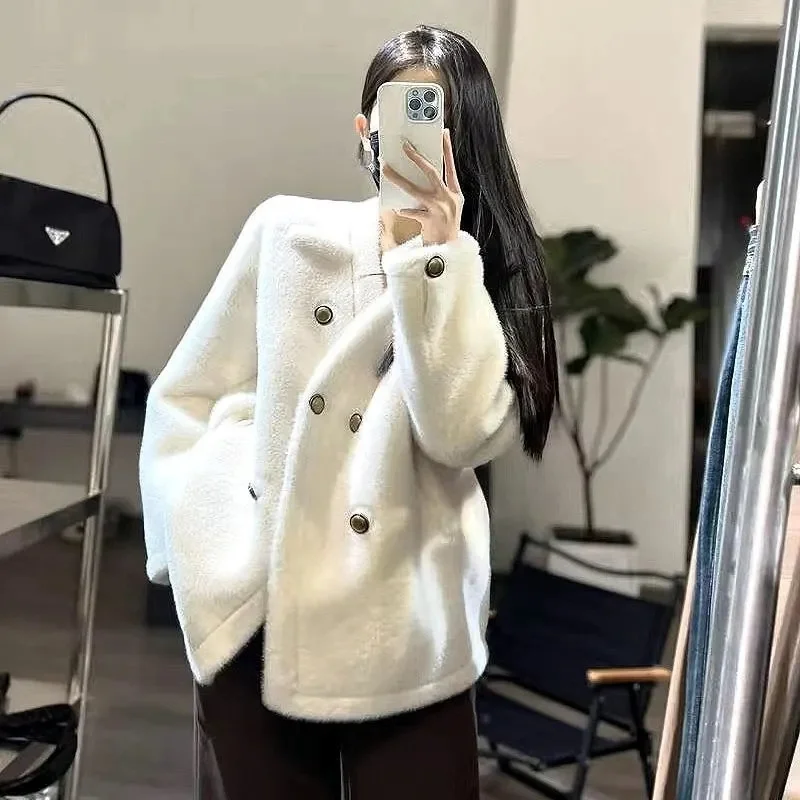 

Корейская женская плюшевая верхняя одежда с v-образным вырезом, весенне-осенняя женская высококачественная верхняя одежда из искусственного меха, пальто 2025 г., женская модная меховая куртка с длинными рукавами