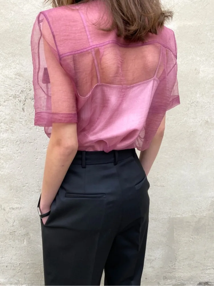 Elegancka, seksowna, luźna bluzka z bufiastymi rękawami, cienka, prześwitująca, zapinana na jeden guzik, z kołnierzykiem typu flip, codzienna bluzka damska.