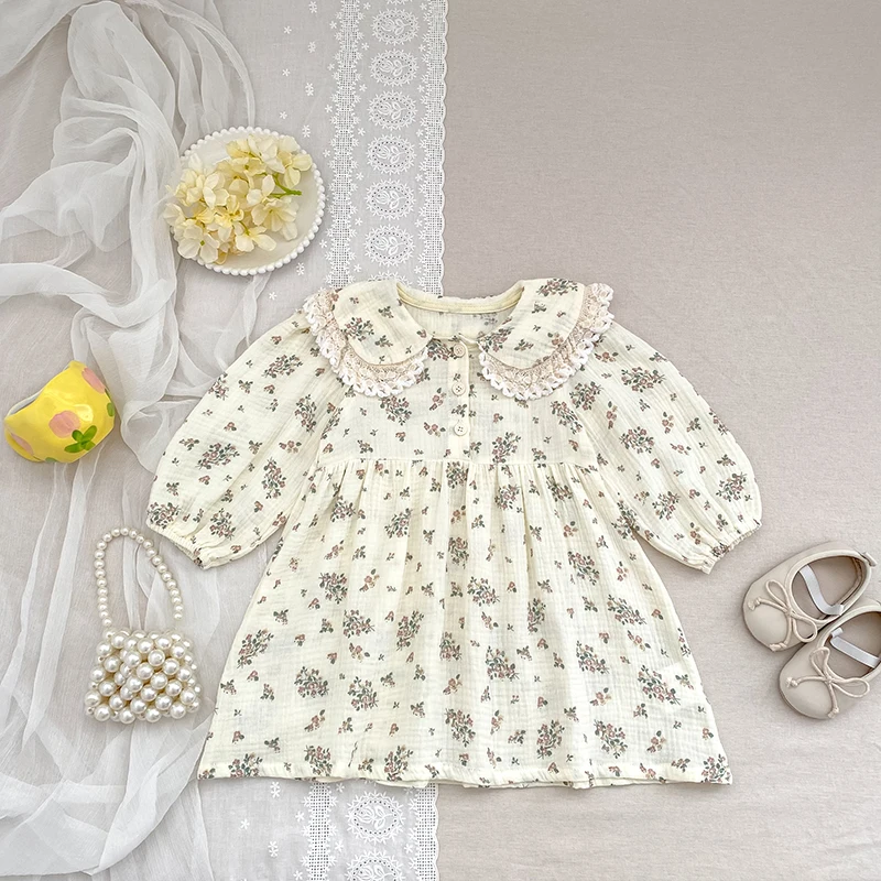 Autumn Kids Party Dresses Lace Children Clothing Embroider Toddler Baby Girls Princess Dress Long Sleeve Cotton Sisters Dress