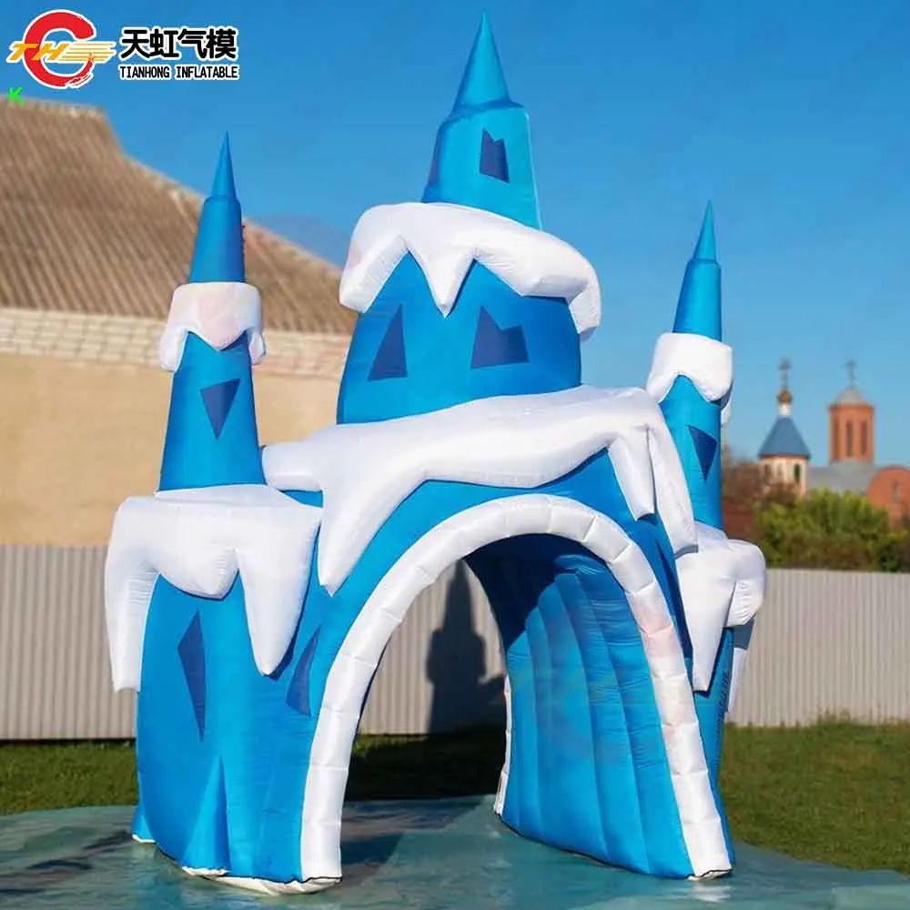 Envío rápido, 5mH, castillo de hielo inflable, arco de túnel, tienda de túnel inflable de copo de nieve de invierno personalizada con soplador