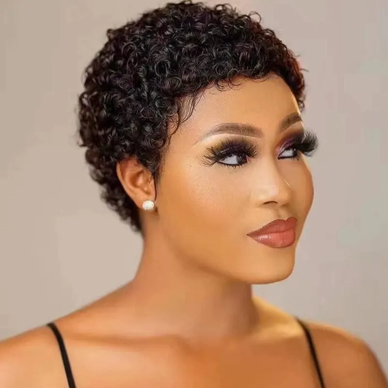 Short Afro Kinky Curly Wigs For Black Women African Fluffy Human Hair Wig Machine Made Brazilian Pixie Cut Hair Wig
