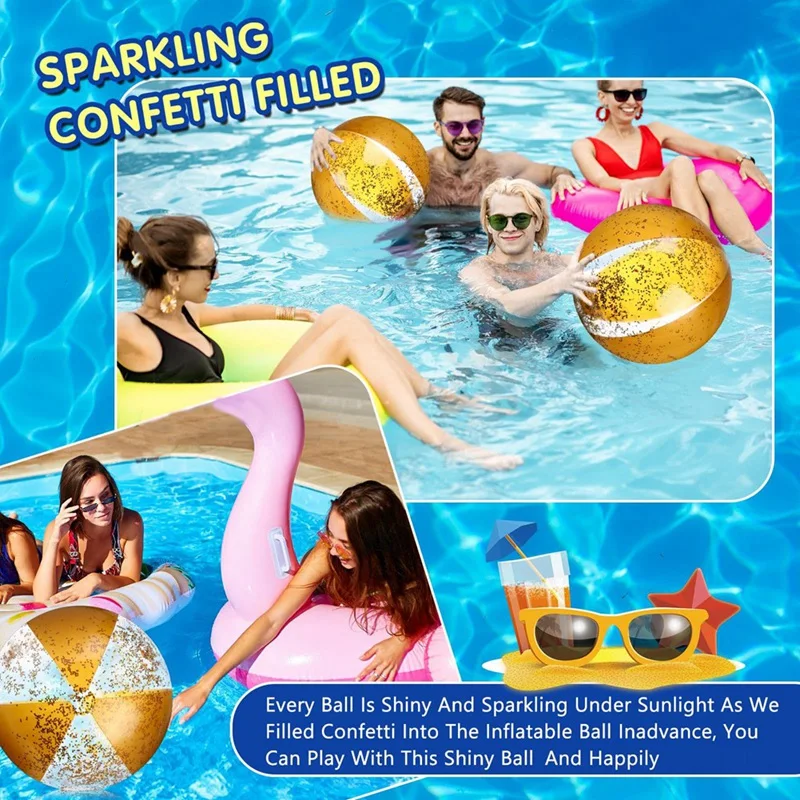 2Pcs 16Inch Inflatable Beach Balls Gold Confetti Pool Balls for Swimming Pool for Adults Summer Birthday Party Gold-ABFB