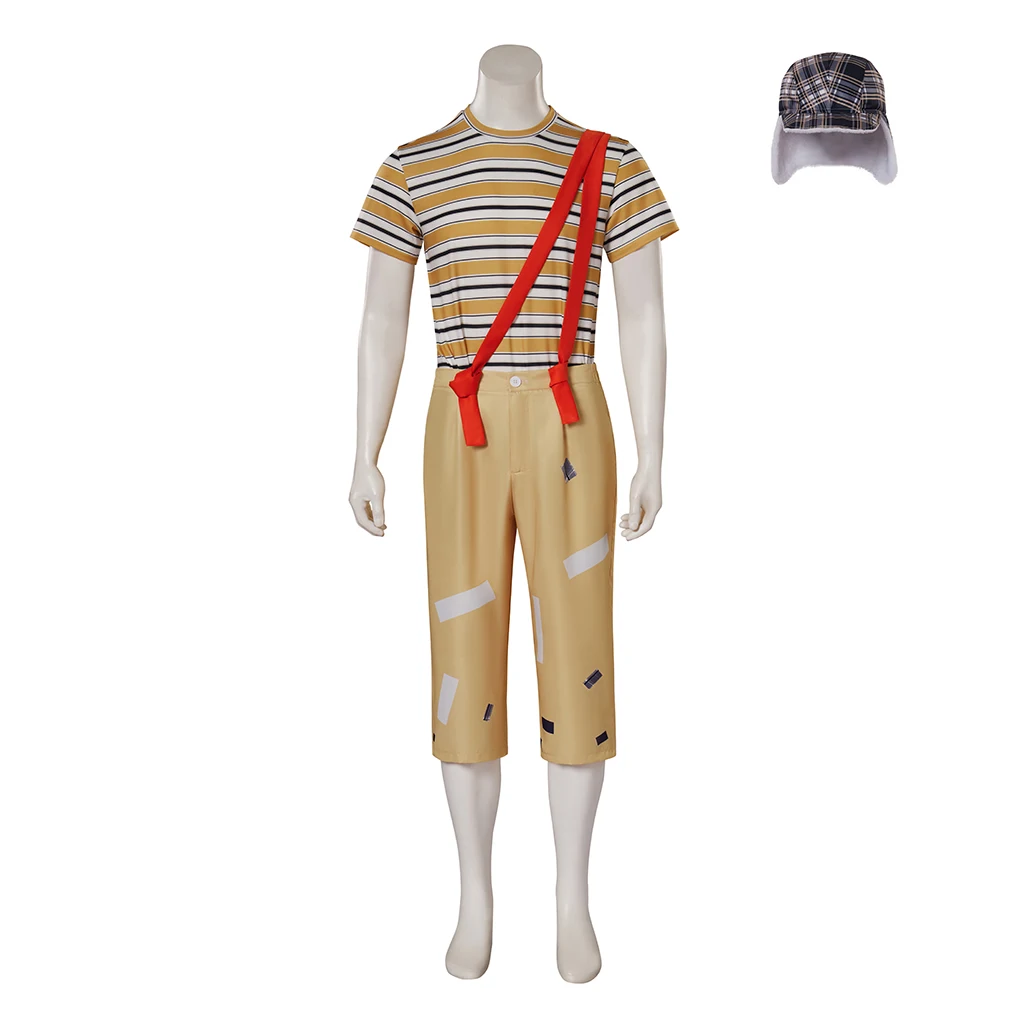 Mexican TV Play Men Costume Striped T-shirt Pants Hat Halloween Cosplay Outfits Uniform Set for Adult