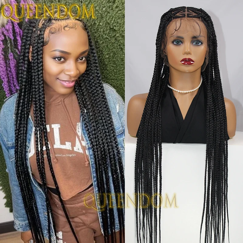 

Queendom Synthetic 36 Inch Jumbo Cornrow Braid Wig Full Lace Heart Shape Braided Goddess Wig Knotless Box Braids Lace Fronta Wig