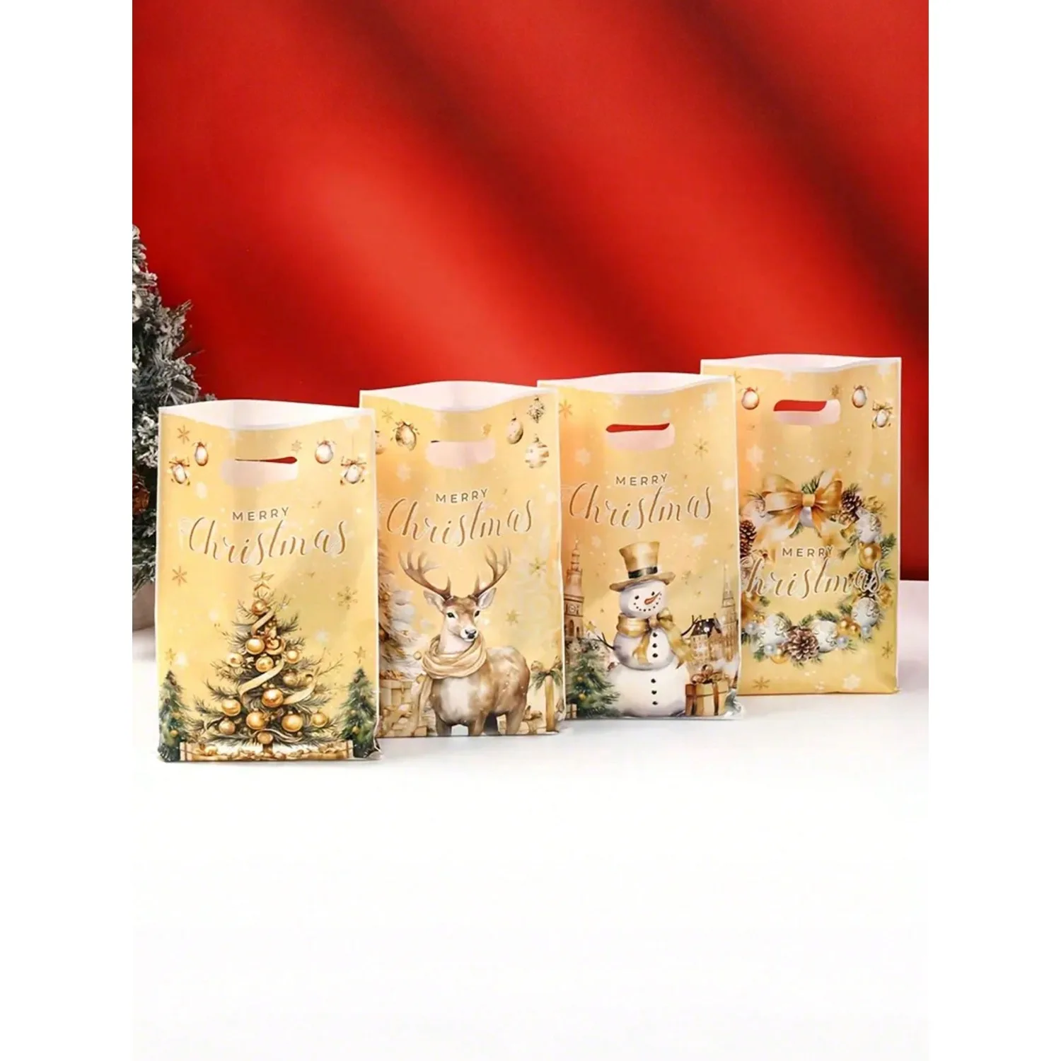 Elegante sacchetto regalo di Natale in oro! Disegni natalizi da 10 x 6,5 pollici sfusi (confezione da 10/25), perfetti per regali di Natale e feste.