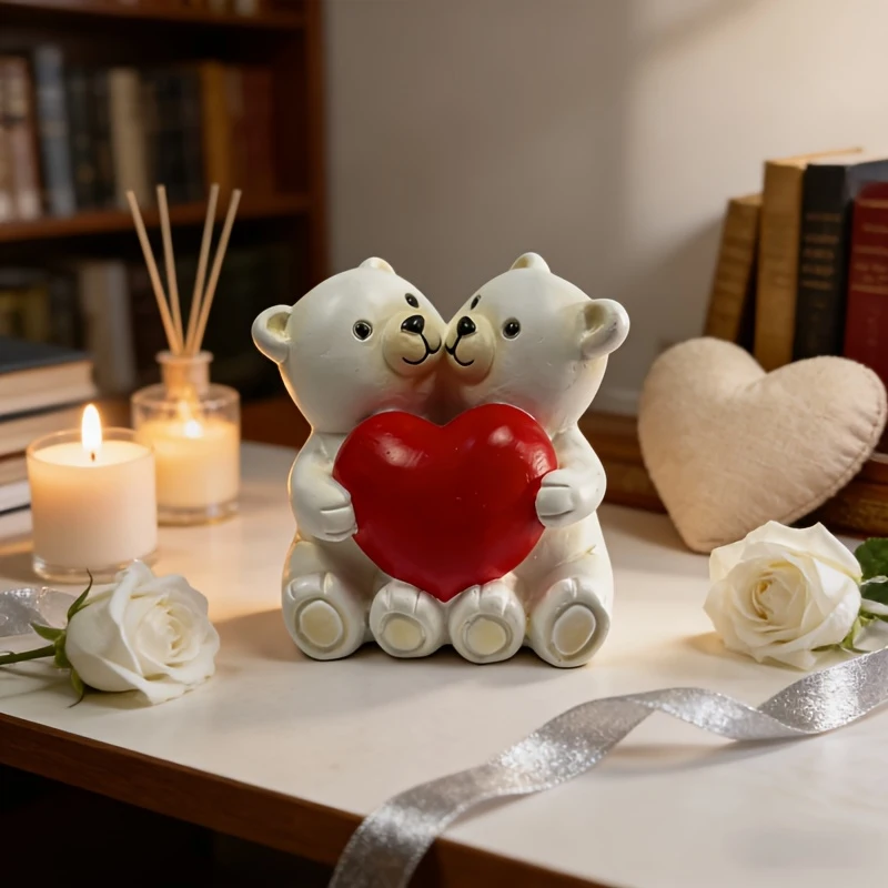 Resin Couple Bear Figurine With Red Heart, White Romantic Minimalist Tabletop Home Decor Ornament