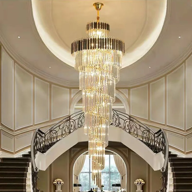 Modern Luxury Stairs Large Crystal Chandeliers Hanging Lamp Villa Hotel Lobby Loft Living Room Decor Rotating Long Pendant Light