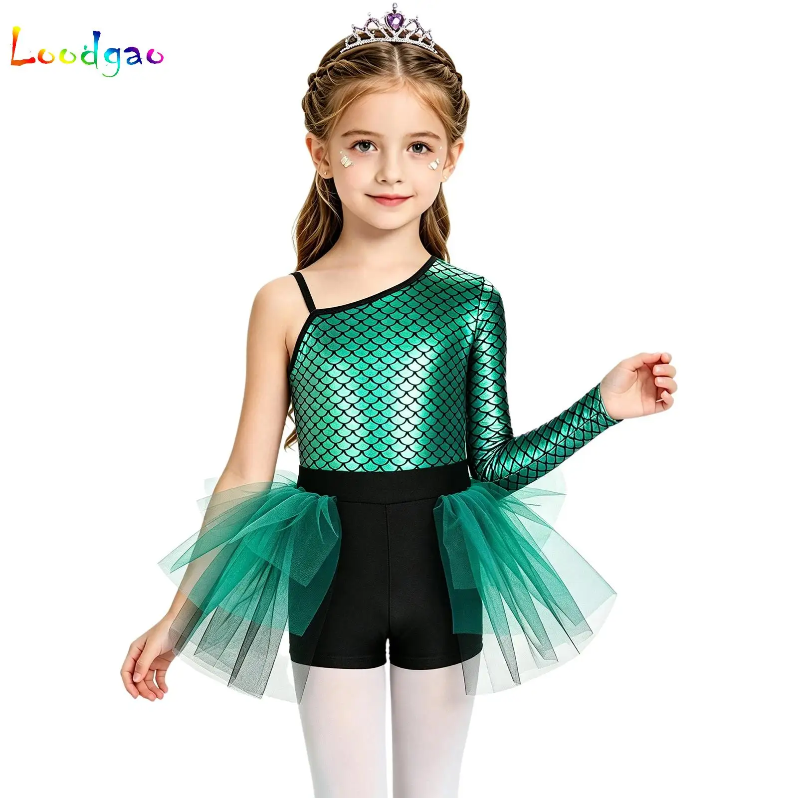 Kids Girls Ballet Gymnastics Leotard Tutu Dress Mermaid Ballerina Princess Performance Costume One Shoulder Fish Scales Dress