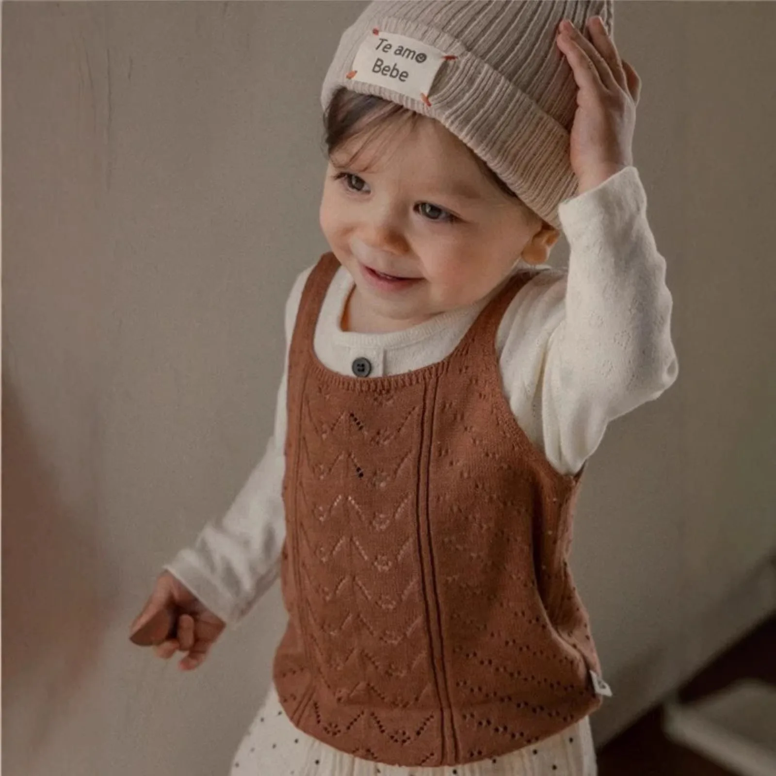 2026 Spring New Baby Sleeveless Knitted Vest Cotton Infant Solid Hollow Out Vest Girls Vintage Sweater Vest Toddler Clothes
