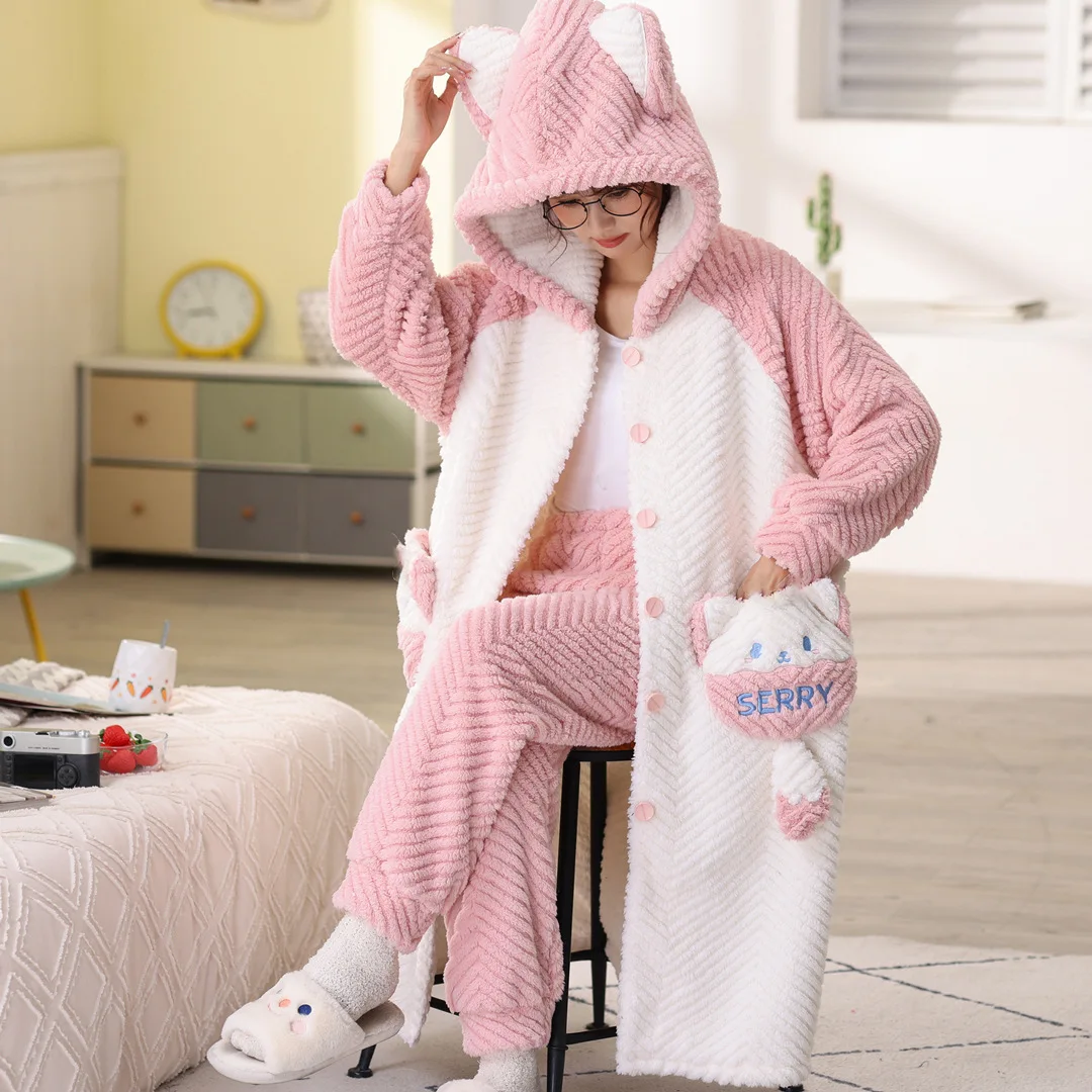 Conjunto de Pijamas de terciopelo Coral para mujer, albornoces Rosa dulce, camisón de franela de dibujos animados de felpa gruesa, traje de dos piezas, Invierno