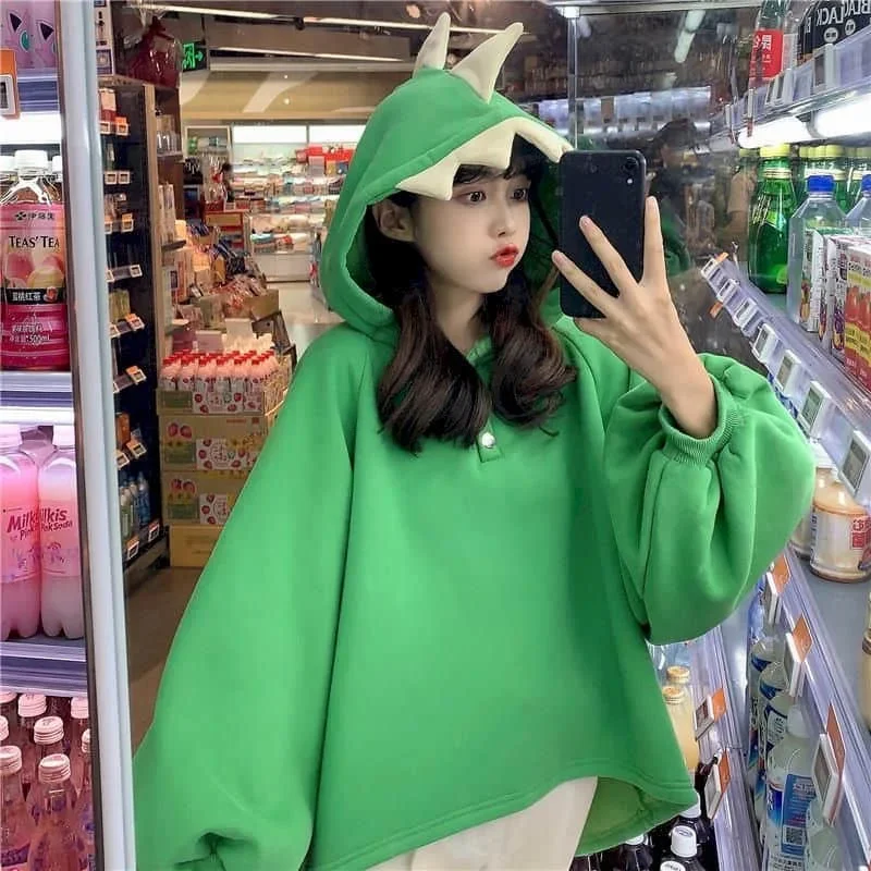 Dinosaur Sweatshirt Women Hoodies 2021 Loose Korean Harajuku Cute Animal Tops Autumn Winter Outfits Plus Fleece Hooded Jackets