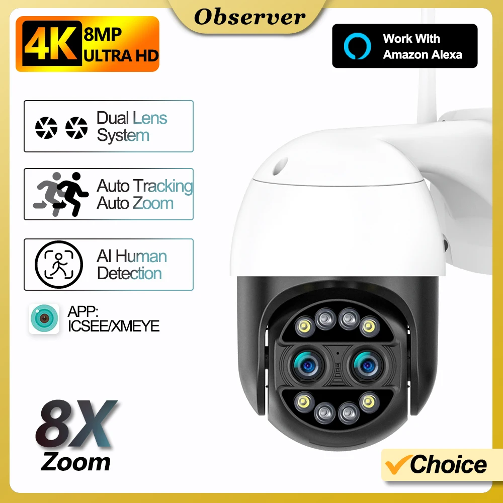 

4K 8MP Binocular Security Camera Outdoor WiFi PTZ Dual Lens 4MP HD Surveillance CCTV AI Tracking IP Camera P2P IP66 Alexa ICsee