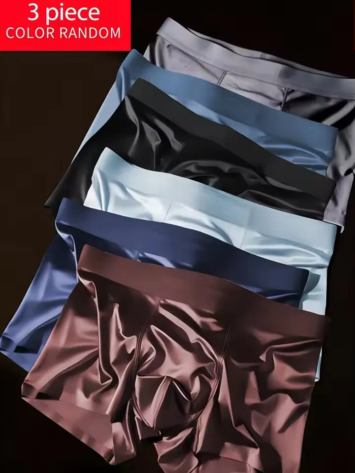 Random 3-Piece Set Of Men's Solid Color Fashionable Boxer Shorts, Quick Drying Breathable Ice Silk Men's Sports Underwear