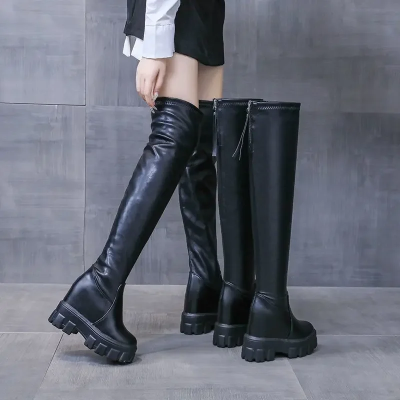 

Petite Women's Over The Knee Leather Boots 2025 New Arrival Inner Height Increase Anti Slip Slimming High Heel Autumn Winter