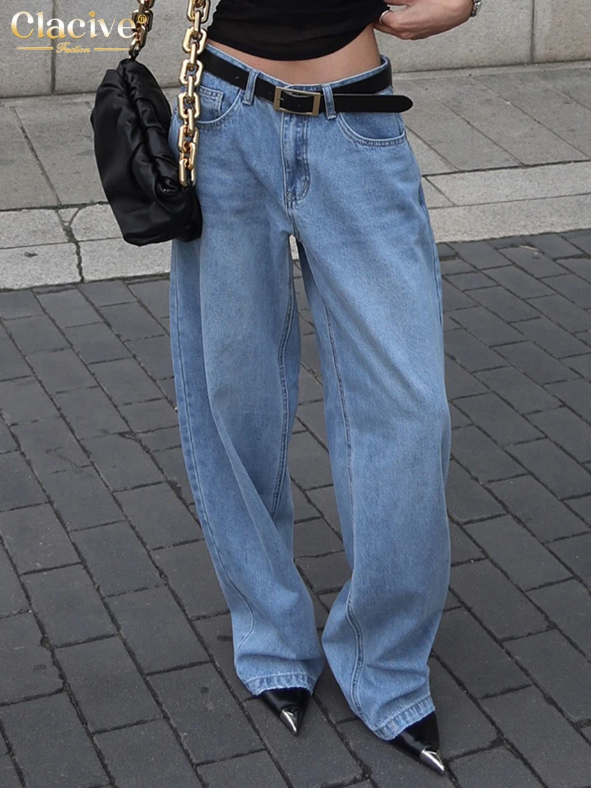 

Clacive Fashion Loose Blue Denim Women's Pants 2026 Elegant High Waist Wide Trousers Vintage Classic Full Length Pants Female