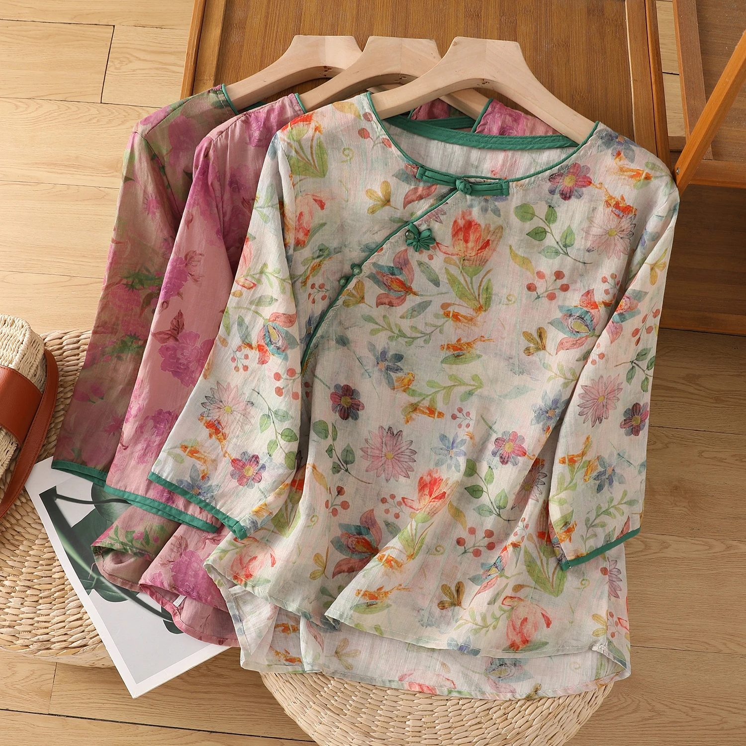 

Ele Floral Print Cotton Linen irt Women's Summer Slimming Top Korean Sle Loose Fit round Ne Seven Sve Length