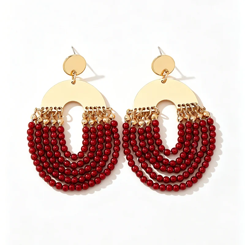 A Pair of Exaggerated Red Tassel Earrings in European and American Style, Bohemian Multi-Layered Beaded Earrings, Long Earrings for Parties and Vacations, Suitable for Women, Perfect for Gifting to Friends, Girlfriends, or Besties