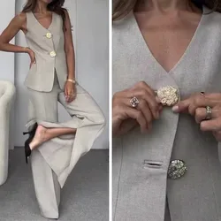 Summer Fashion Split-Leg Wide-Leg Pants Solid V-Neck Sleeveless Vest Tank Top Two-Piece Set Women's Slim-Fit Tailored Clothing