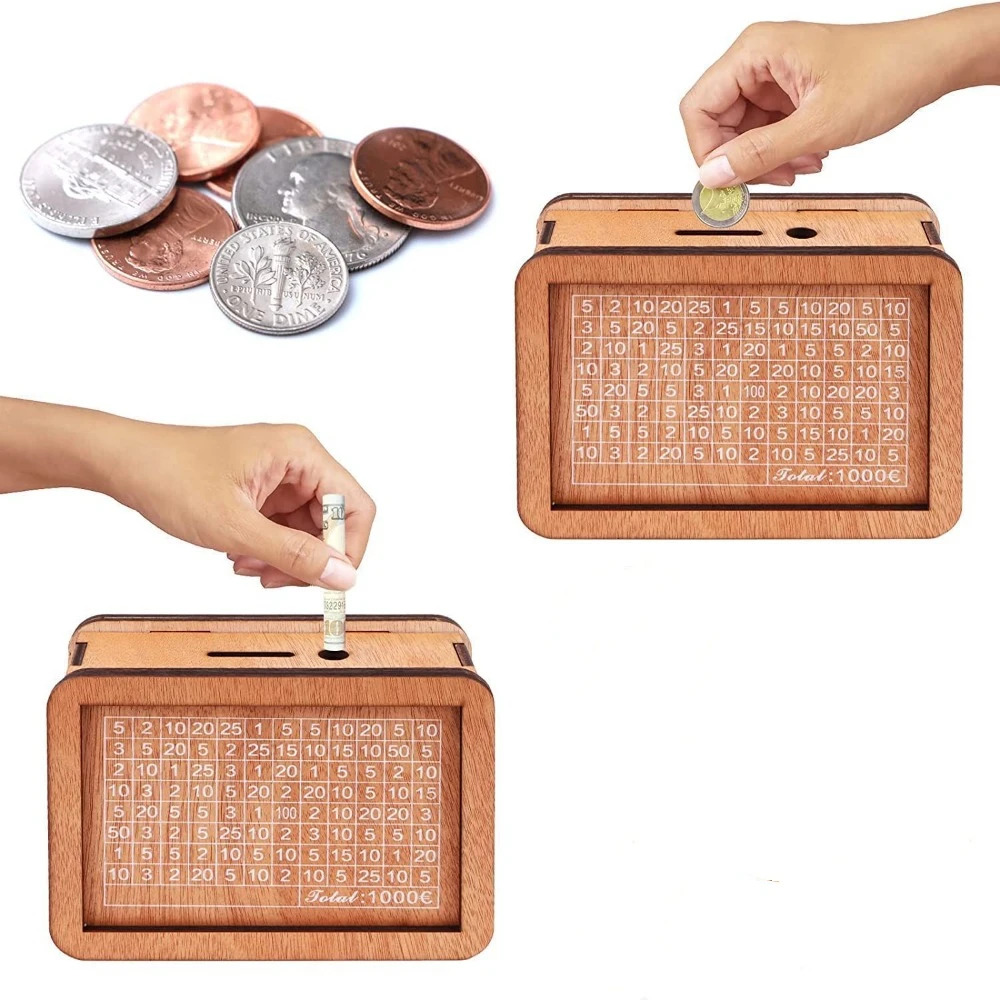 Wooden Money Box Reusable Handmade Money Saving Box Crafts with Saving Money Goals Counter Coin Tray Storage Case Children