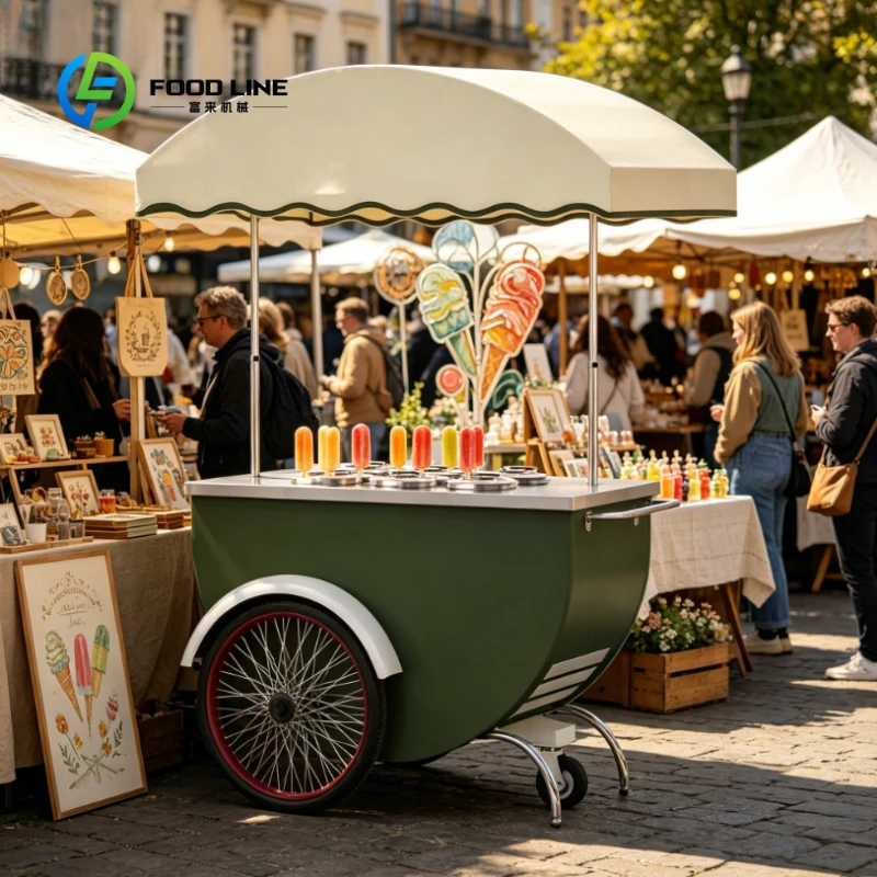 Customized Retro Ice Cream Cart, Cream Scalloped Canopy Mobile Vending Cart with Wheels for Popsicle & Gelato Business